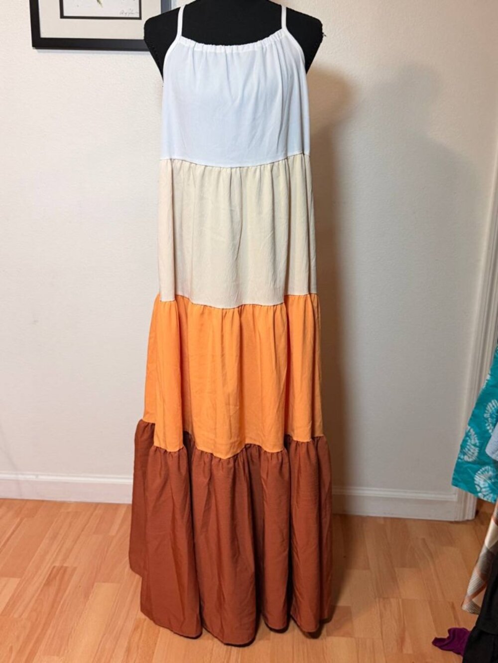 Emery Rose Tiered Maxi Dress Boho Colorblock Sunset Fall Coastal Grandmother M